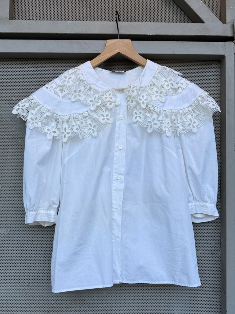 Sandro Cotton Button-Up Blouse with Floral Lace Collar, Ecru